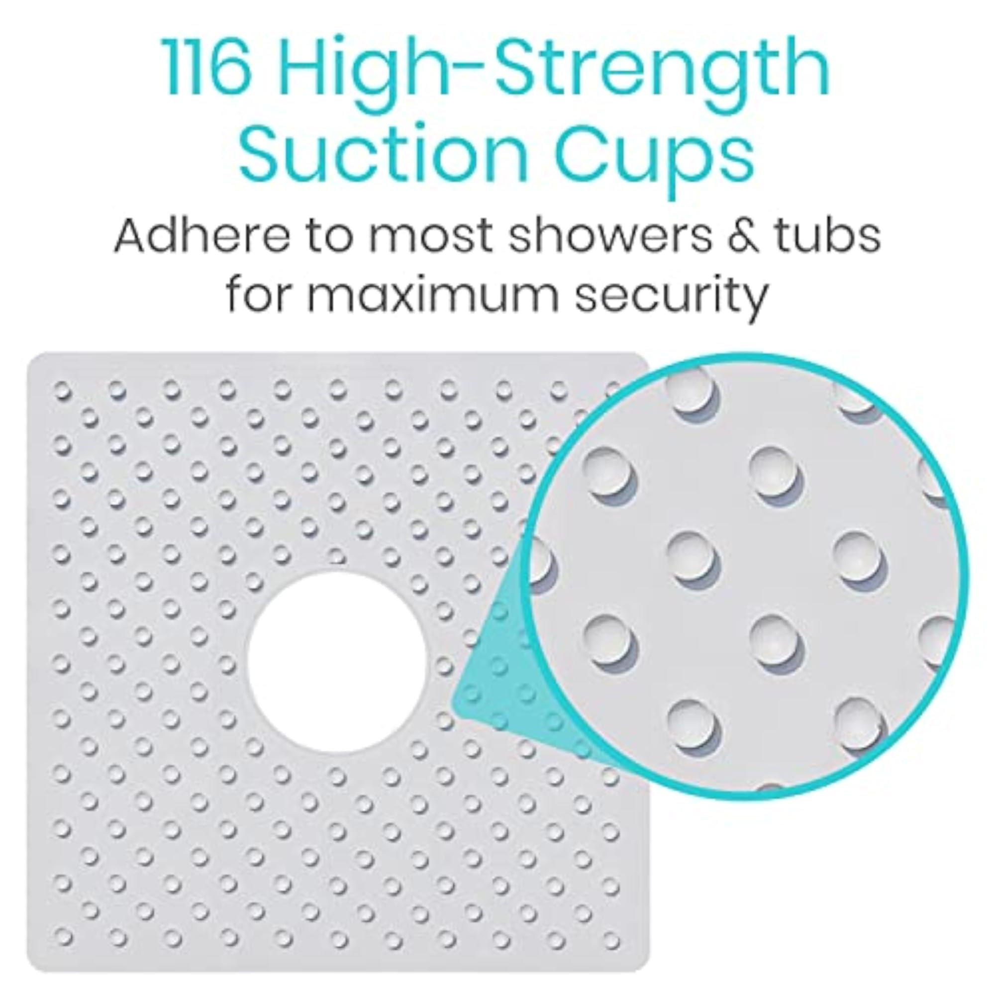 Square Non-Slip Bath Mat with Drain Hole, Latex Free