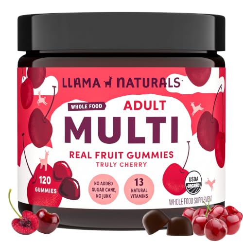 Llama Naturals Multivitamin for Women and Men Vegan Organic Gummies with Vitamin D C and K Adults Real Fruit Gummy Vitamins Chewable Multivitamin Supplement No Added Sugar Cane Cherry 120 Ct