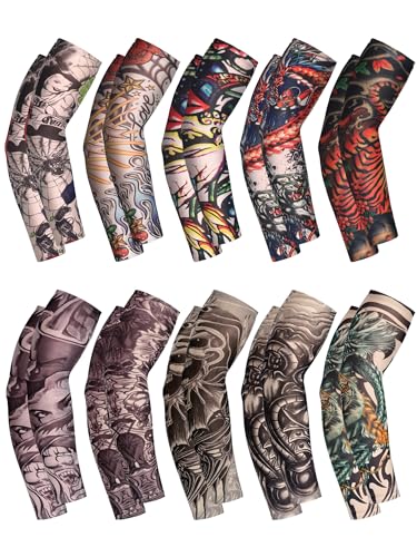 Boao 20 Pcs Men's Cooling Arm Sleeves Long Fingerless Arm Cover Anti Slip UV Protection Sun Temporary Tattoo Sleeves (Novelty Style,Bright Colors,Medium)