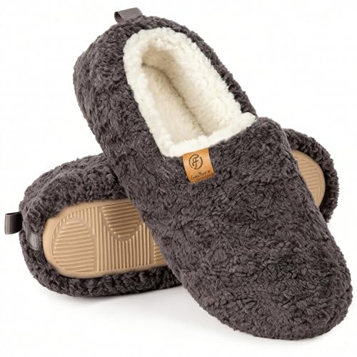EverFoams Women’s Soft Curly Full Slippers Memory Foam Lightweight House Shoes Cozy Loafer with Polar Fleece Lining Dark Grey,7-8 US