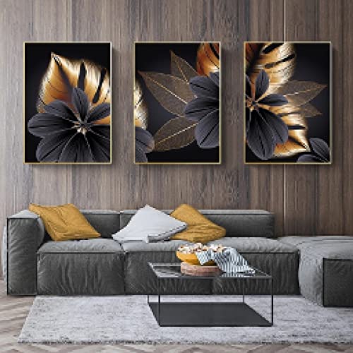 Toile peinture feuille plante abstrait noir et or de haute qualité