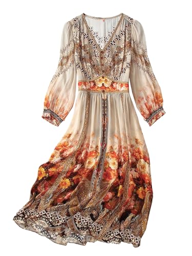 Robe midi en soie élégante imprimé floral géométrique de luxe légère HangErFeng 5043