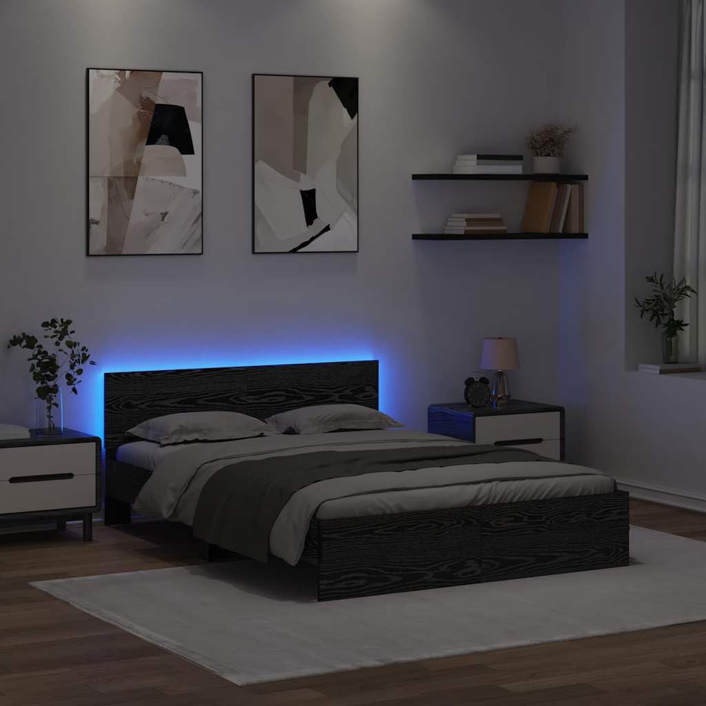 Estructura de cama LED de roble negro, 120 x 190 cm, con luces que cambian de color, diseño moderno y estable de madera para jóvenes y habitaciones de invitados