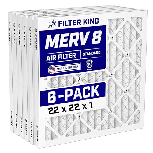 Filter King 22x22x1 Air Filter (MERV 8) (6-Pack) Dust & Allergy Control AC Furnace Filters, MADE IN USA, HVAC, Pleated, Electrostatic (Actual Size: 21.5 x 21.5 x .75)