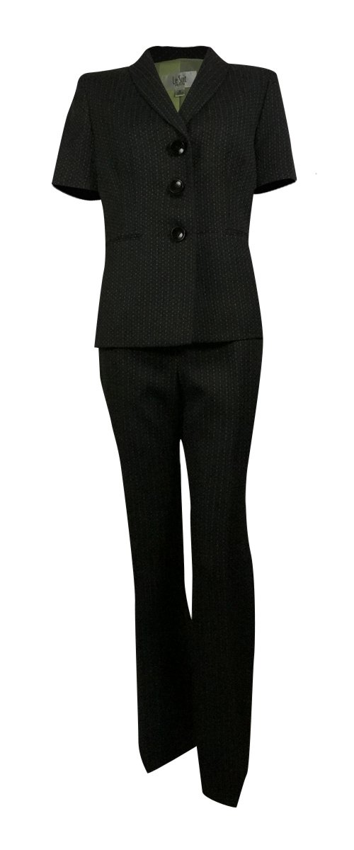 Le Suit Women's Pinstripe Short Sleeve Jacket with Pant Suit Set