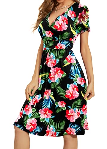 Image of WEACZZY Women's Summer Short Sleeve Casual Dresses V-Neck Floral Party Dress with Pockets