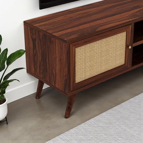 Image of The Attic Janah TV Cabinet, Solid Wood Sideboard TV Cabinet for Living Room, Wooden Free Standing TV Unit Side Board Table with Storage, Honey Matte Finish