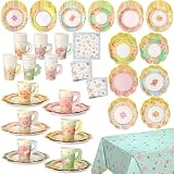 Yungyan 193 Pcs 48 Guests Tea Birthday Party Supplies Disposable Tableware Set 9 oz Paper Tea Cups with Handle, 7" 9" Paper Plates, Napkins, Tablecloth for Floral Party Wedding Baby Shower