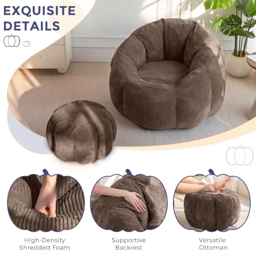 Image of MAXYOYO Bean Bag Chair with Ottoman, Giant Pumpkin Lounge Chair for Adults | Oversized Bean Bag Chair with Footstool, Comfy and Lazy Lounge Boneless Chair for Dorm, Living Room, Bedroom, Brown