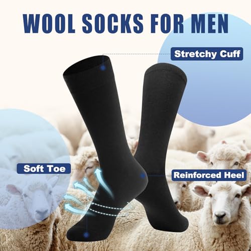BISOUSOX Merino Wool Socks for Men, Thin Wool Socks Mens Black Dress Sock Crew Calf Long Tube Boot Size 9-123