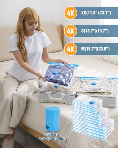 Image of Vacuum Storage Bags for Travel, 12 Pack (4M+4S+4XS) Vacuum Seal Bags with Wireless Rechargeable Electric Pump, Travel Essentials Space Saving Bag for Clothes, Luggage, Carry-on Suitcase, Backpack