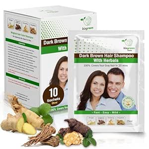 Biogreen Roots Ammonia-Free &amp; Paraben Free Herbal Hair Shampoo - Hair Dye Shampoo for Women &amp; Men - Natural Color &amp; Herbal Nourishment - No Stain on Skin - Dark Brown (10 sachets x 25ml)