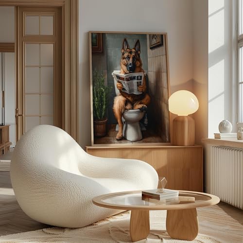 Image of German Shepherd on Toilet Wood Framed Wall Art Print Poster, Dog Bathroom Humor Decor Posters Prints for Restroom Home Picture Painting Artwork Gallery 7 (German Shepherd, 11 inchW x 14 inchL, Wood Frame)