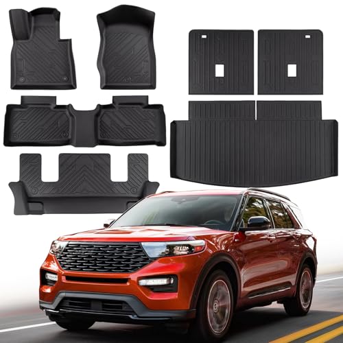 DrCarNow for Ford Explorer Floor Mats 2025-2020 All Weather Floor Mat 6 Seats Captain Chairs Tech Protector Trunk Cargo Mat TPE Waterproof Full Set for Explorer ST Accessories 2026 2025 2024 2023-2020
