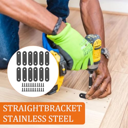 Image of Serplex 12Pcs Flat Plate Straight Brackets with Screws, Flat Brace Bracket Stainless Steel Mending Joining Plates for Wood, Board, Bed Frame, Furniture & Shelves, 50mm, Black