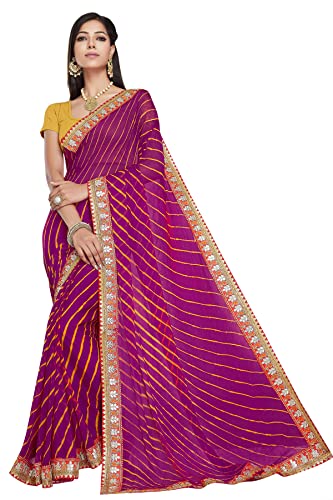 RANI SAAHIBA Women's Chiffon Leheriya Saree with Blouse Piece