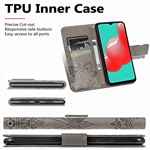 Wallet Case For Samsung Galaxy A03S,Pu Leather Wallet Flip Protective Phone Case Wrist Strap Card Slots Holder Pocket Emboss Butterfly Flower Stand Case For Samsung Galaxy A03S Gray #TOP3