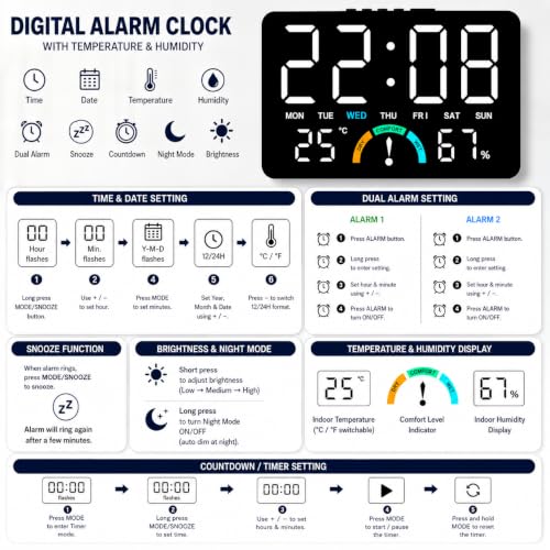 Image of AERYS Digital LED Alarm Clock with 1 Year Warranty Temperature&Humidity Monitor,Comfort Indicator (Dry /Comfort /Wet) Dual Alarm, Day&Time Display,Large LED Screen,Snooze,Desk Clock for Bedroom&Office