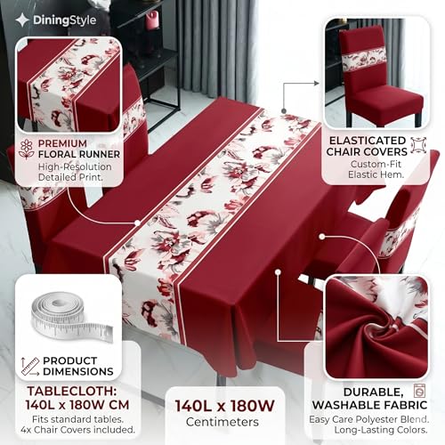 Image of Styleys Dining Chair Cover with Table Covers for Kitchen Waterproof Dining Table Cloth (1 Table Cover + 4 Chair Cover, Floral Wine, K722)
