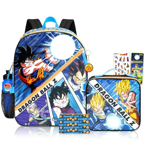 Dragon Ball Z Conjunto de mochila com lancheira – Pacote com mochila DBZ de 40,6 cm, lancheira, adesivos, garrafa de água, mais mochila escolar com lancheira