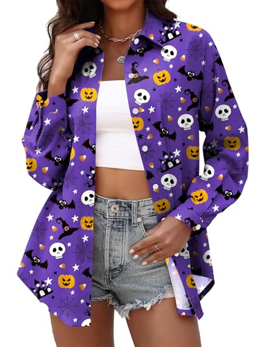 Halloween Shirts for Women: Pumpkin Skeleton T-Shirts Graphic Halloween Fall Long Sleeve Hawaiian Button Down Blouse