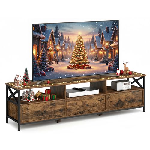VASAGLE TV Stand Unit, Entertainment Center for up to 80 Inch TVs, 3 Fabric Drawers and 3 Open Shelves, 178 x 40 x50 cm, for Living Room, Bedroom, Steel Frame, Rustic Brown and Black LTV303KD01
