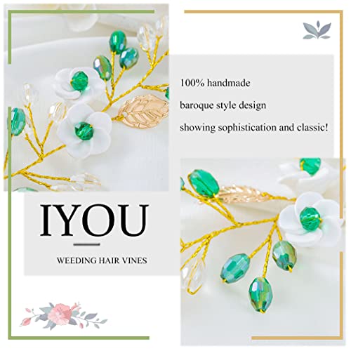 IYOU Crystal Wedding Hair Vines Green Flower Bride Headband Rhinestone Leaf Bridal Hair Accessories for Women - Image 3
