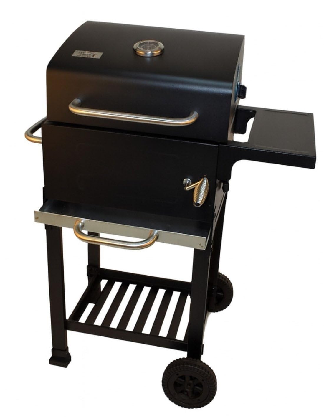 JARDIN202 - Barbacoa de Carbón con Tapa y Termómetro Kansas | Grill Ajustable con Parrilla Cromada y Calentador Superior| Ruedas Grandes | (Negro)