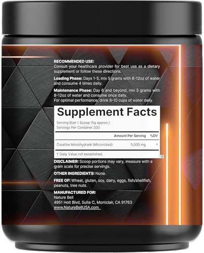 Image of NatureBell Creatine Monohydrate Powder 1,000g, 5,000mg Per Serving, 200 Servings (2.2 lb) | Micronized, Pure & Unflavored | Pre-Workout Muscle Support* | Keto, Vegan, Filler-Free