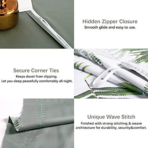 MILDLY 100% Long-Staple Cotton Duvet Cover Set Green Palm Leaf Pattern Printed Comforter Cover 3pcs, Ultra Soft & Breathable Bedding Set
