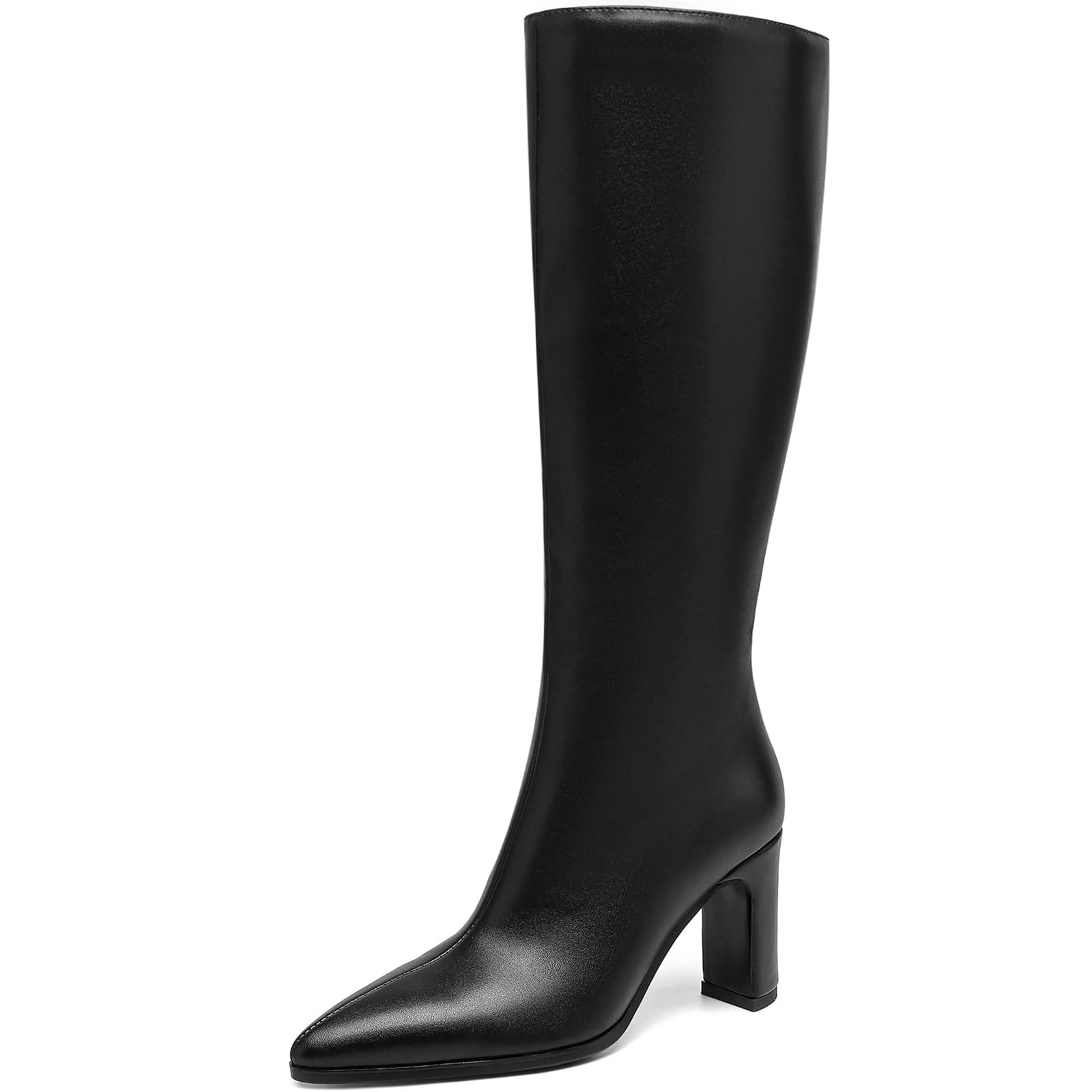 Knee High Boots for Women Pointed Toe Chunky Heel Tall Boots Side Zipper Wide Calf Faux Leather Fall