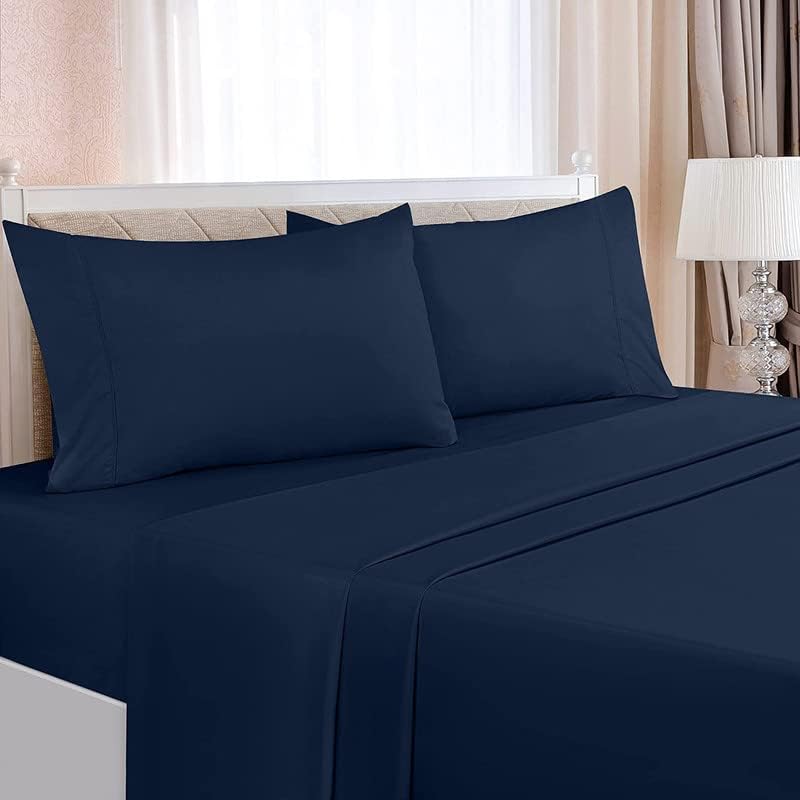 Image of Bed Sheet Single Size Cotton - Pure Egyptian Cotton Single Size BedSheet with Pillow Cover - Solid Navy 600 Thread Count - Stain Resistant, Skin Friendly, Organic Cotton BedSheet