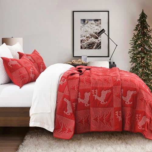 Image of Grassix Christmas Quilt Set King Size, Holiday Bedding Coverlet, Red | Tree & Reindeer Pattern, Soft Lightweight Christmas Velvet Bedspread with 2 Shams,Thin Comforter All-Season, 108 x 96 in