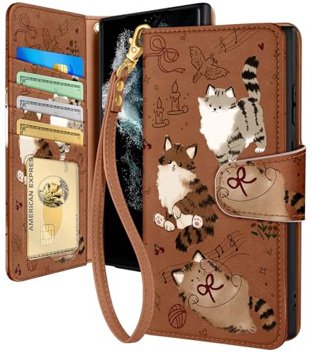 Toycamp for Samsung Galaxy S22 Ultra Wallet Case with Wrist Strap - Leather Flip Folio Phone Cover with RFID Blocking 4 Card Slots Galaxy S22 Ultra Cute Aesthetic for Women Lady, Music Cats