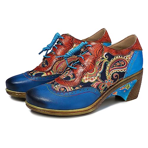 Riutiru Women's Handmade Leather Oxford Loafers Shoes with Retro Ethnic Printed Style, Brock Design for Casual and Fashion Collegiate Style, Blue a, 6 UK