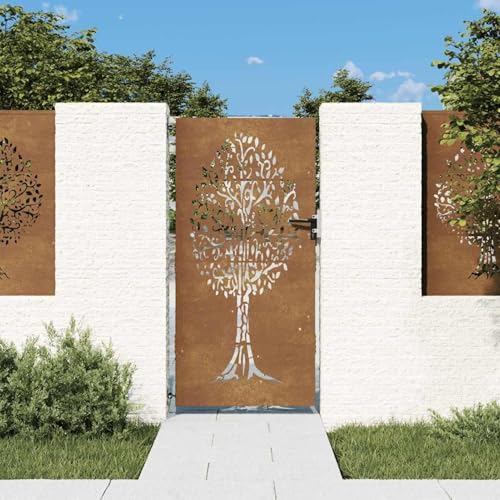 Homgoday Garden Gate, Metal Gate, Garden Gate, Fence Door, Yard Gate, Entrance Gate, Single Gate, Double Gate, Garden Fence, Gate, 85 x 200 cm, Corten Steel, Tree Design