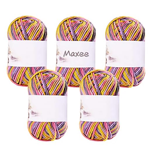 Maxee Hilo de punto a mano, 5 x 50 g, hilo de ganchillo, hilo acrílico para tejer, lana de algodón, hilo multicolor para ganchillo y manualidades (morado amarillo rosa)