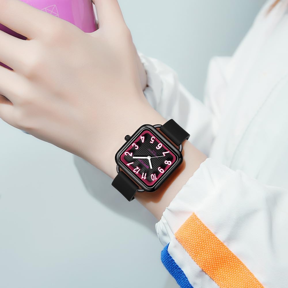 FANMIS Women Fashionable Square Analog Quartz Watch Easy Read Waterproof Unisex Big Numbers Sport Watch with Colorful Silicone Band,Minimalist Exam Wristwatch
