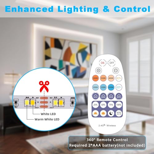Image of 66FT White LED Strip Lights 3000K-6500K Dimmable, Smart Strip Light Alexa Compatible, 24V WiFi Flexible Tape LED with APP & RF Remote, Cabinet Lighting Self-Adhesive for Room, Kitchen