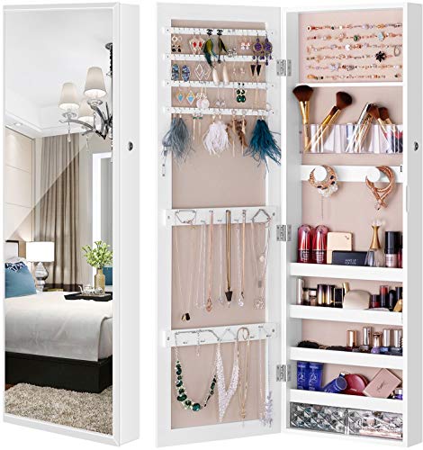 LUXFURNI Mirror Jewelry Cabinet Wall-Mount/Door-Hanging Armoire, Full Length Mirror Lockable Makeup Storage Organizer