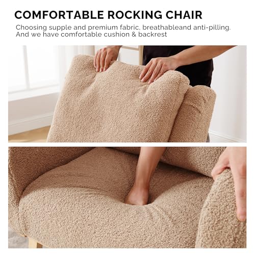 Image of HCHAIRH Rocking Chair Nursery, Boucle Nursing Rocking Chairs, Upholstered Nursery Glider Rocker Wingback Morden Rocking Chair with Lumbar Pillow for Mom Nursery, Living Room, Bedroom, Teddy Khaki