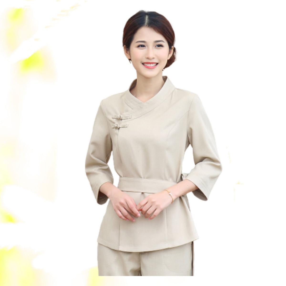 Lurrose Tuta da Tecnico di Bellezza Beige in Poliestere e Spandex Leggera e Confortevole per Estetista, Adatta a Saloni Spa e Lavoro Professionale