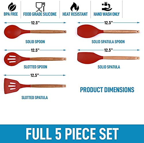 Image of Non-Stick Silicone Cooking Utensils Set with Natural Acacia Hard Wood Handle, High Heat Resistant Red Pack of 5