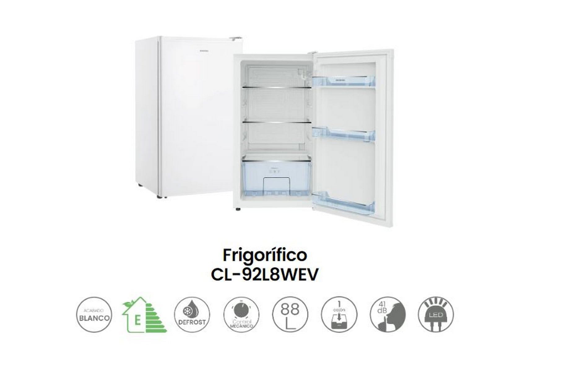 INFINITON Frigorifico Una Puerta CL-92L8WEV, 83 cm, E, 88 litros, Puerta Reversible, Blanco