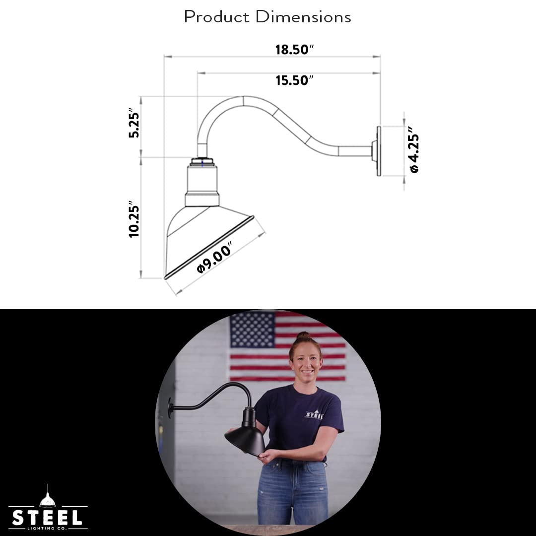 Steel Lighting Co. Venice Store Sign Light | for Outdoor Restaurant Accent Wall | 9 inch Dome | 16 inch Gooseneck | Made in America | Black Exterior/White Interior