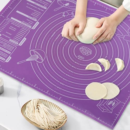 Juego de alfombrilla de silicona para hornear y rodillo, tabla de amasar antiadherente con guía de medición para pasteles, galletas, pasta, pizza