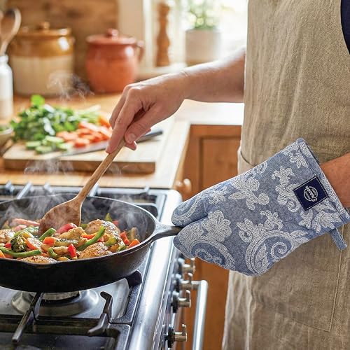 Image of Encasa XO Heat Resistant 100% Cotton Oven Glove & Potholder Set with Loop, Kitchen Cooking Mittens, Microwave Safe Hot Pads (Floral Blue)