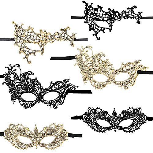 Lusofie Bal Masqué 6 Pièces - Masque De Mascarade Pour Femme Doré Noir - Yeux En Dentelle Pour Mardi Gras, Carnaval, Halloween, Costume Party