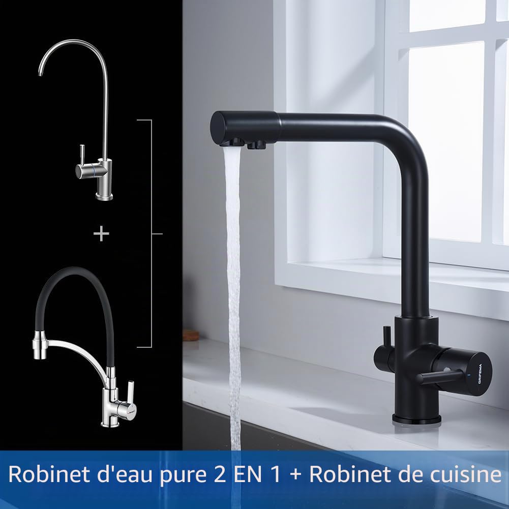 GRIFEMA Dover, Mitigeur d'Évier 3 Voies pour Purificateur Filtre, Robinet de Cuisine avec Deux Sorties D'eau, Exclusivité Amazon