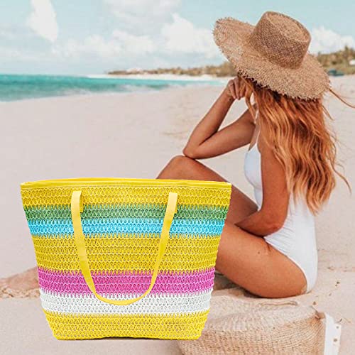 We We Large Woven Straw Tote Bag for Women Boho Beach Bags Colorful Stripe and Stitchwork Straw Tote Beach bag with zipper4